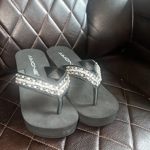 AIMONE-Appoline Wedge Flip Flop Sandals for Women Black Platform Sparkle - Picture 5 of 5